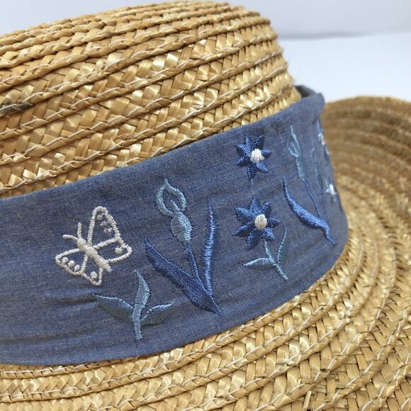 Vintage Straw Brimmed Summer Hat Floral Embroided Band main image 8